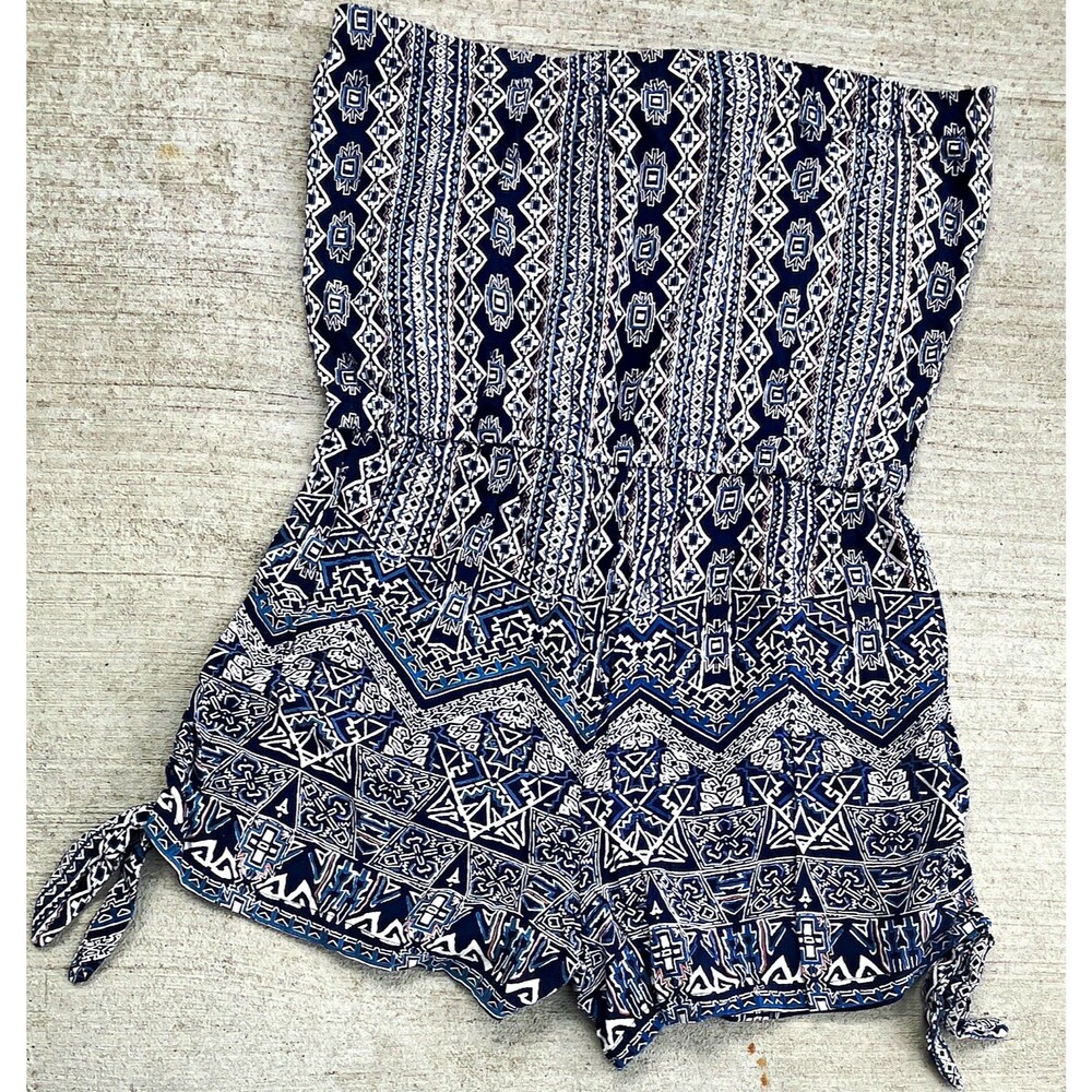 Angie Strapless Romper Womens L Blue White Geometric Boho Festival